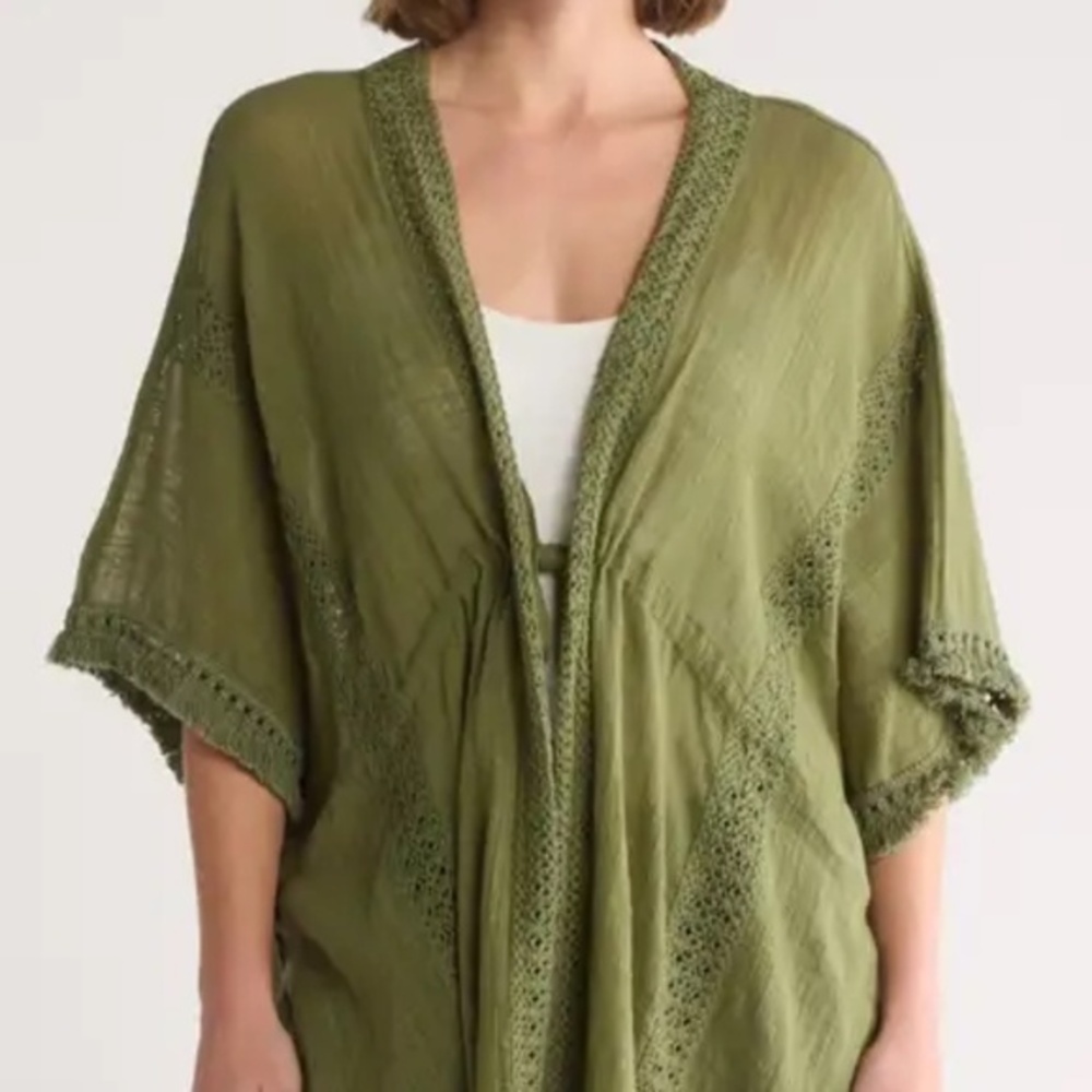 BCBG Boho CHIC Lace Panel Fringe Cotton Topper::NWT::OLIVE GREEN
